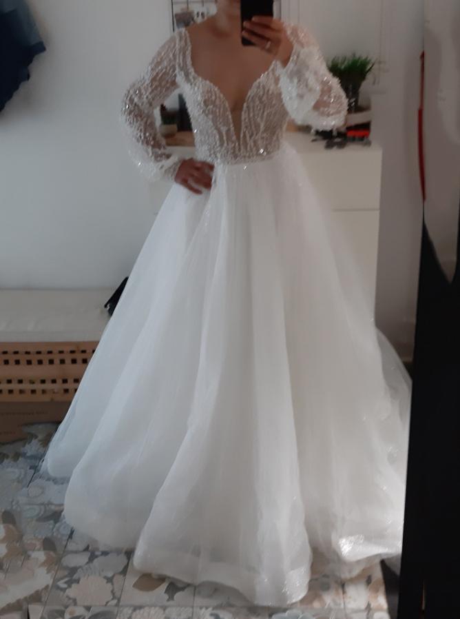 Sparkle Long Sleeve V-neck Sequins Beach Wedding Dresses Backless Bridal Gown PW126