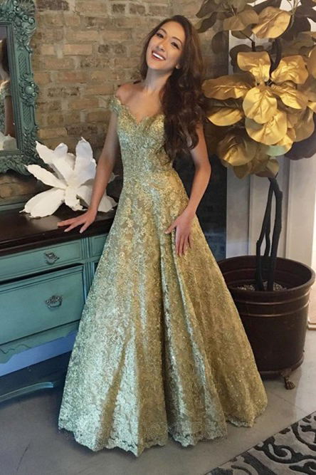 a line off the shoulder lace prom dresses gold party dress