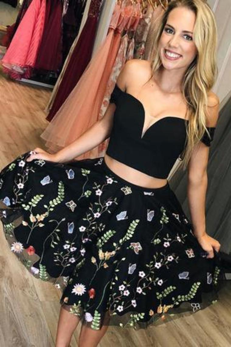 off shoulder black floral embroidered homecoming dresses two piece short prom dress