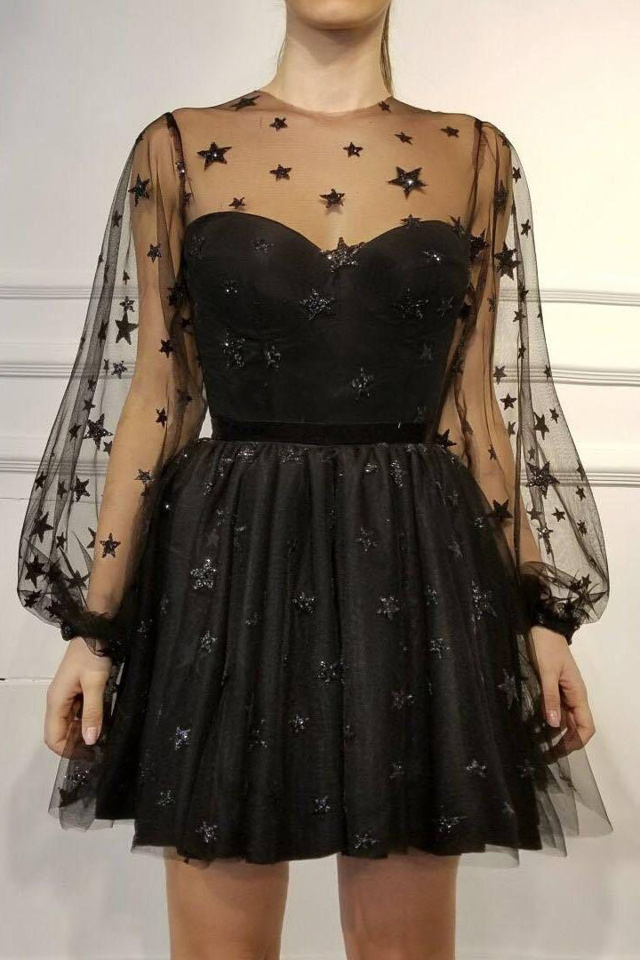 starry night long sleeves homecoming dress tulle short prom dress