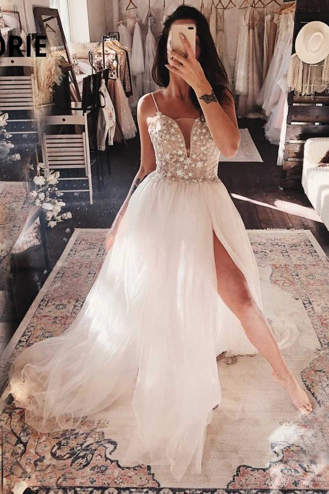 Gorgeous A-line Twinkling Stars Embroidered Prom Wedding Dress With Split PW60