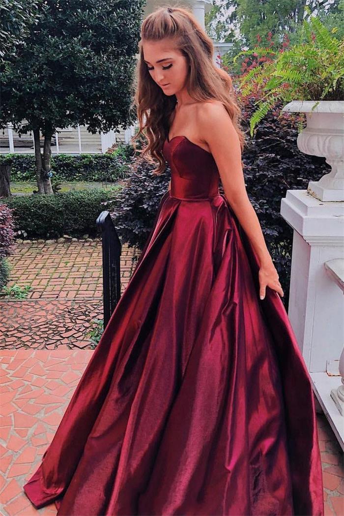 sweetheart burgundy prom dresses long graduation gowns with pockets