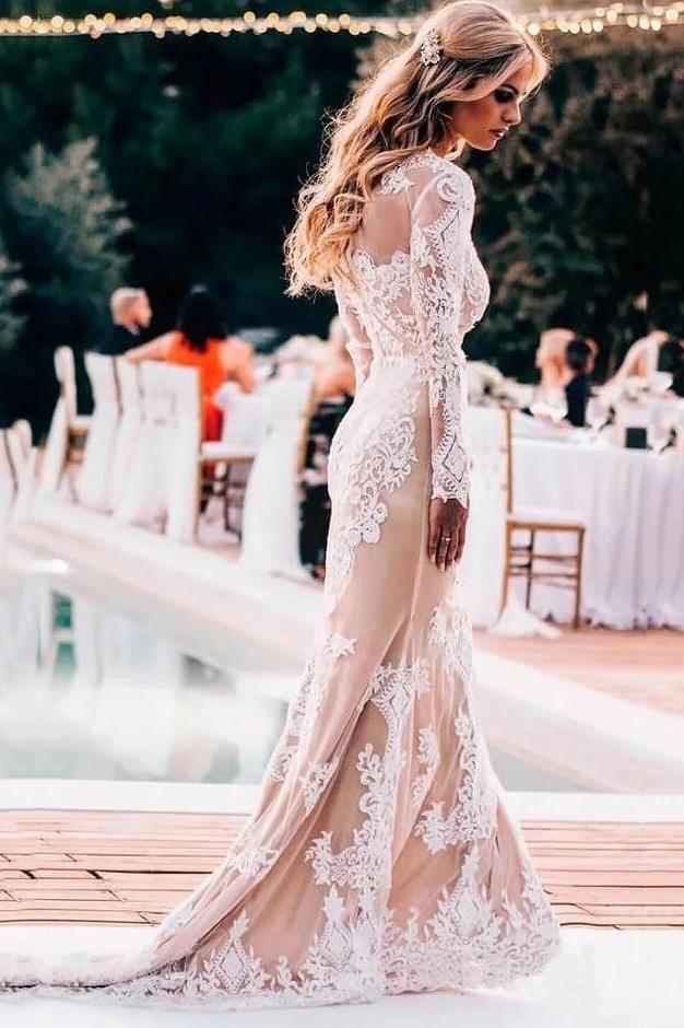 Modest Long Sleeve Mermaid Lace Wedding Dresses Rustic Wedding Gowns PW106