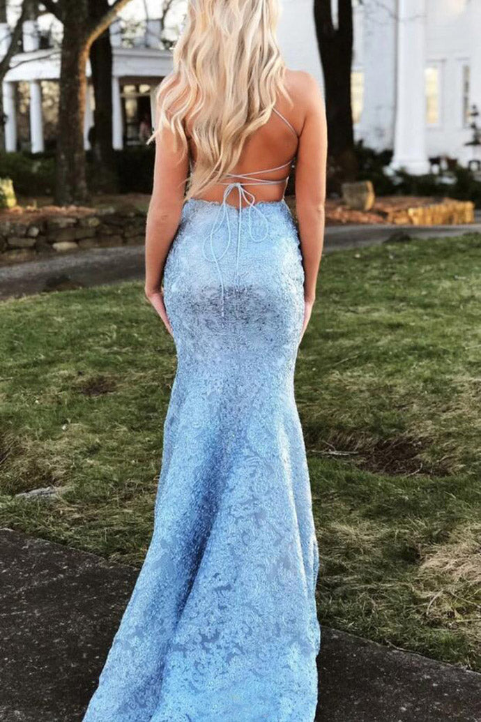 sky blue backless prom dress lace appliques mermaid evening gown