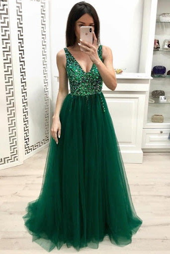a line v neck dark green long prom dress beading formal dress