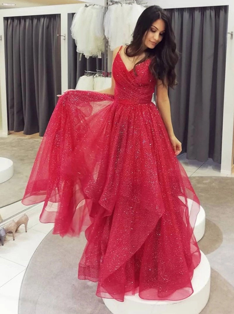 Sparkly Red V-neck Tulle Long Prom Dresses, Formal Evening Dress MP117