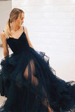 V Neck Dark Navy Blue Long Prom Dresses, Tulle Formal Evening Dresses MG03