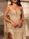 Off-Shoulder Long Prom Dresses with Sleeves, Sexy Sequins Evening Dresses MP109