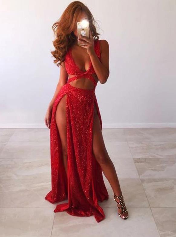 Rose Gold Sequins Long Prom Dresses, Sexy Evening Dresses With Split MP108