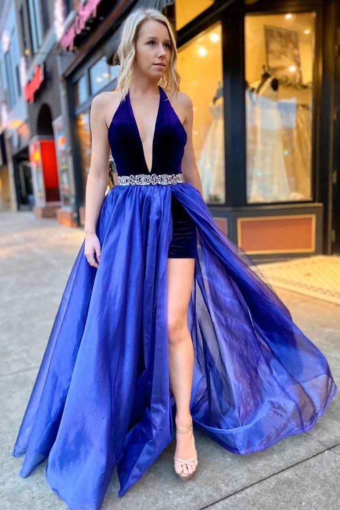 A-line v-neck long prom dresses, formal evening dresses with split mg07