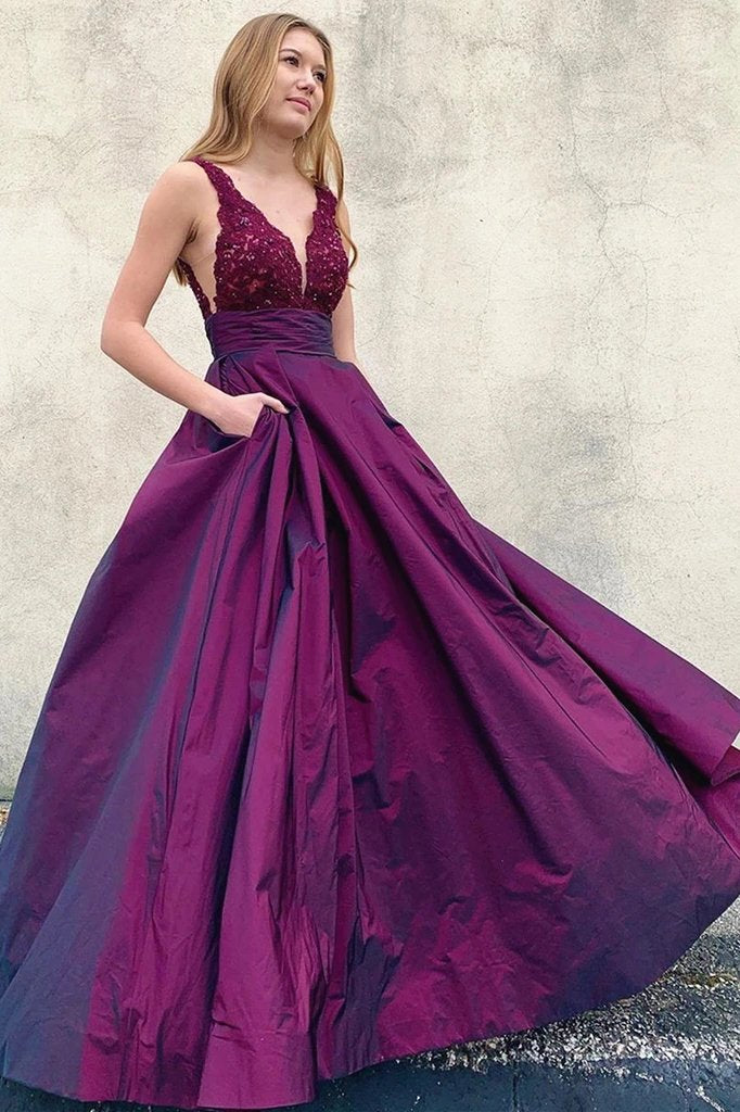 V neck purple long a-line prom dresses, satin lace top formal evening dresses mg06