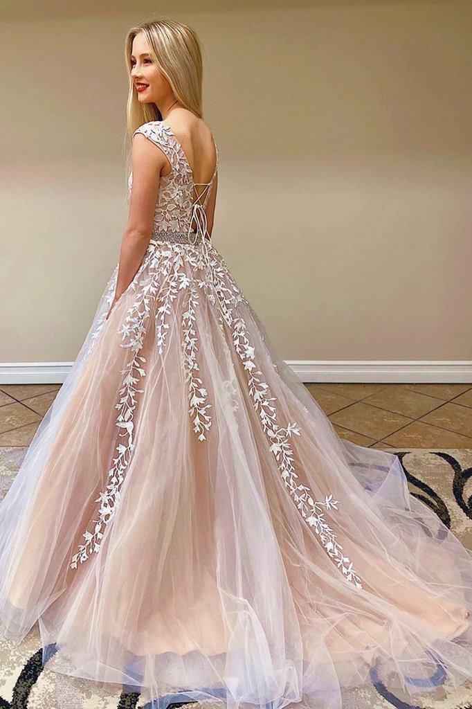 Lace appliques long prom dresses, long tulle wedding dresses mg196