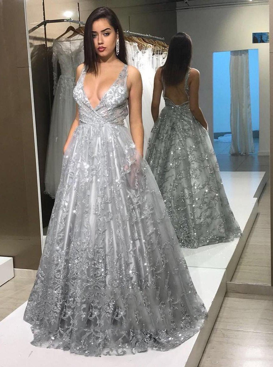 Deep V-neck Long Sequins Prom Dresses, Backless Formal Dress With Pockets MP162