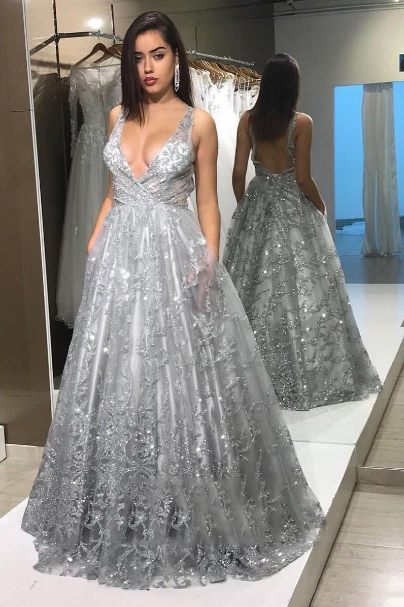 Deep V-neck Long Sequins Prom Dresses, Backless Formal Dress With Pockets MP162