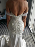 Off Shoulder Lace Appliques Mermaid Wedding Dress with Pearls PW27