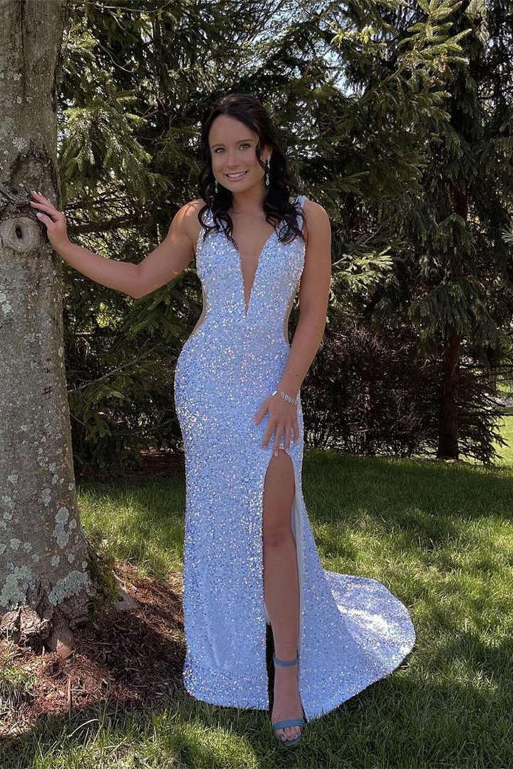 glitter v neck sequins mermaid prom dress backless white sparkly evening gown