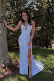 glitter v neck sequins mermaid prom dress backless white sparkly evening gown