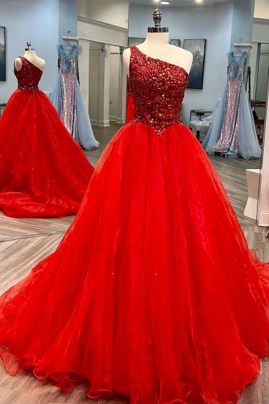 a line sequin blue beaded one shoulder prom dresses long tulle formal gown