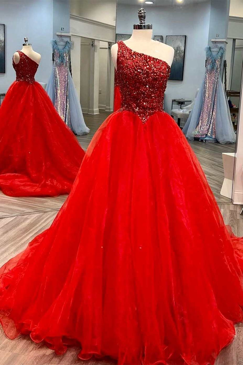 a line sequin blue beaded one shoulder prom dresses long tulle formal gown