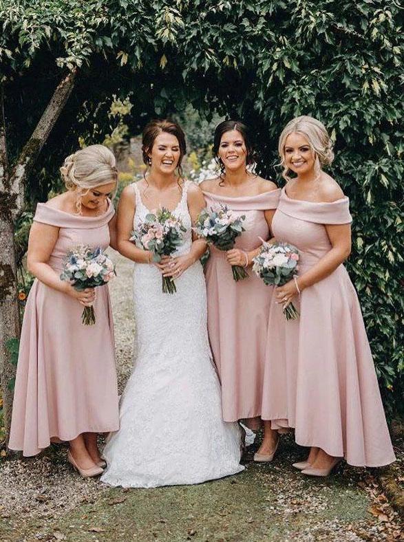 Off Shoulder Ankle Length High Low Pink Bridesmaid Dresses PB42