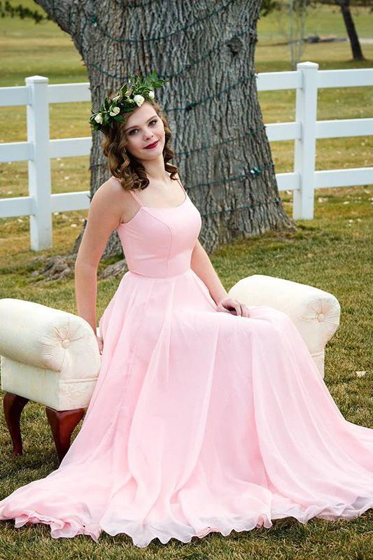 A-line scoop pink long prom dresses, chiffon pink evening dress mg28