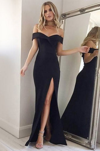 off shoulder sheath split black long prom dress black evening gown