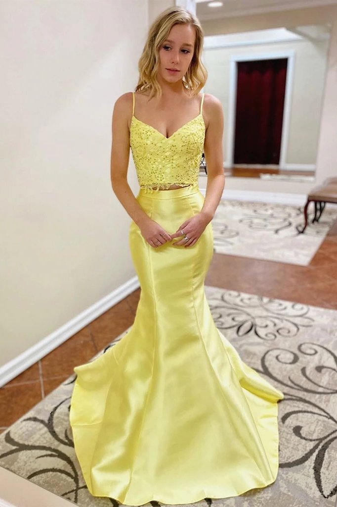 Mermaid yellow 2 pieces prom dresses, two pieces fomral evening dresses mg05