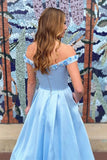 Light blue 3d flowers long prom dresses, off shoulder long graduation dresses mg04