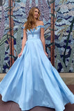 Light blue 3d flowers long prom dresses, off shoulder long graduation dresses mg04