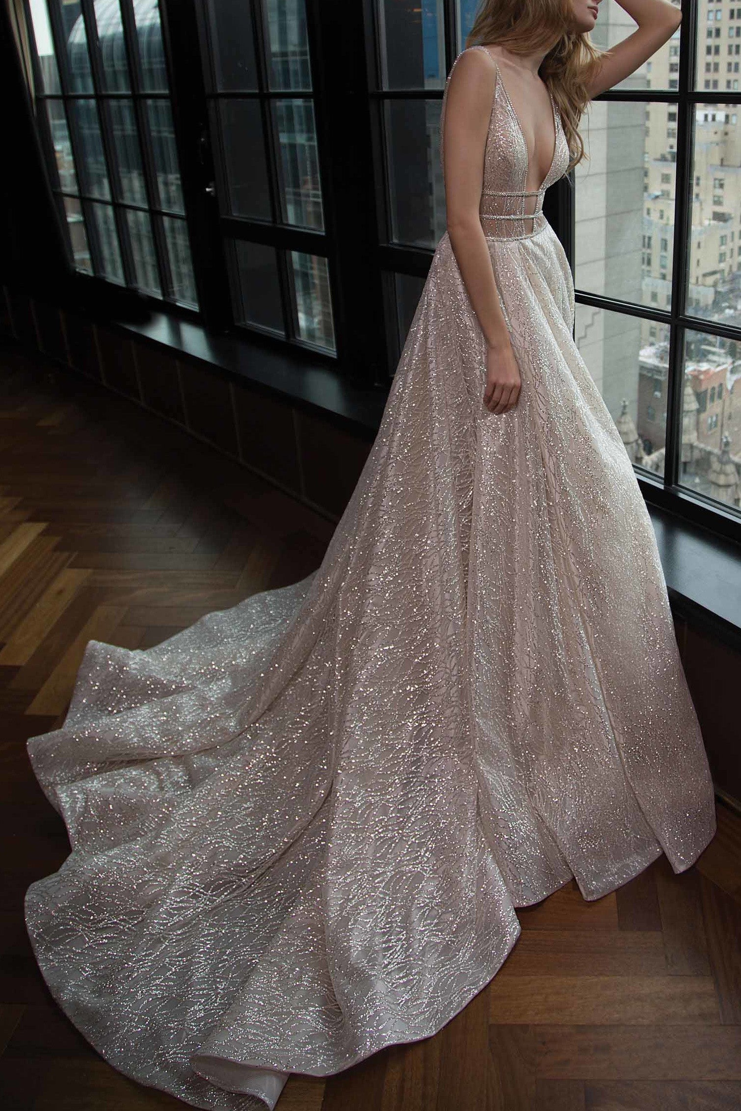 sparkly a line sequins plunging neckline backless long prom dress