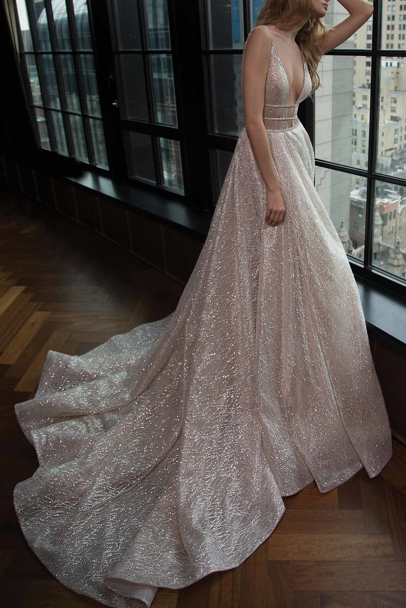 sparkly a line sequins plunging neckline backless long prom dress
