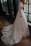 sparkly a line sequins plunging neckline backless long prom dress
