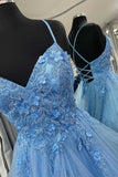 a line blue floral appliques prom dress sparkly tulle graduation gown