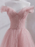 princess pink tulle tea length prom dress pink off shoulder sweet 16 dress
