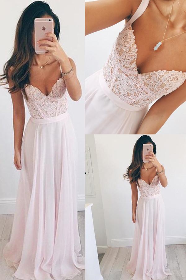 baby pink v neck long chiffon long prom dress evening dress