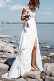 Chiffon Beach Wedding Dress With Slit, See-Through Lace Applique Wedding Dress PW309