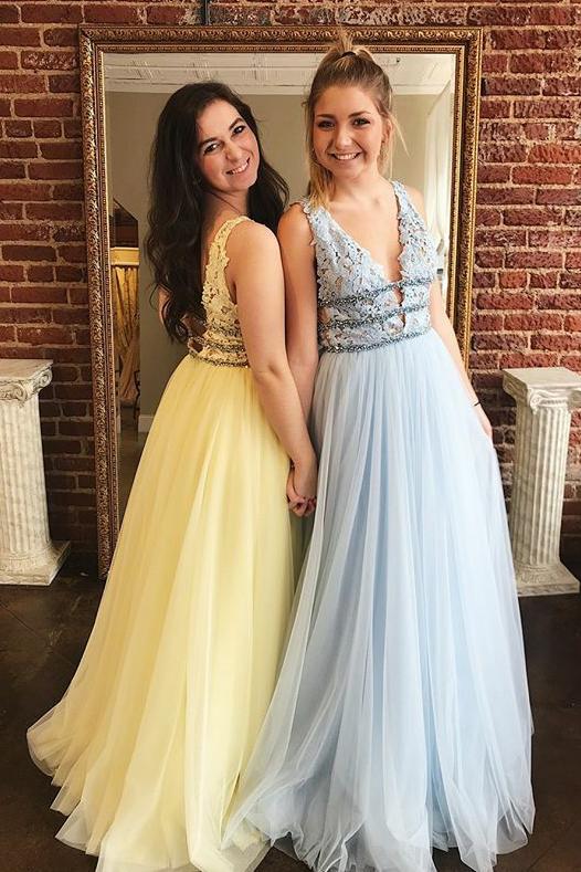 Long lace tulle prom dresses, a-line graduation dresses with beading mg24