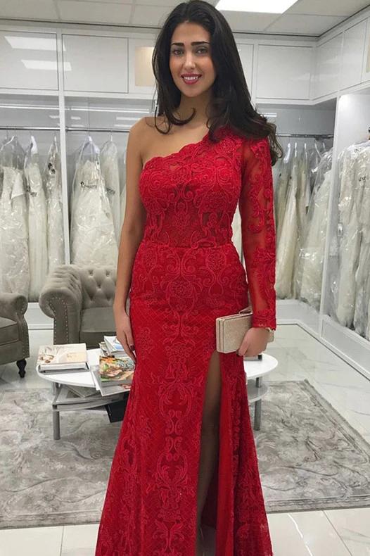 One shoulder long sleeve lace mermaid red prom dresses with split mg119