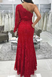 One Shoulder Long Sleeve Lace Mermaid Red Prom Dresses With Split MG119