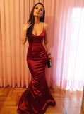 Sleek Mermaid Red Long Prom Dresses, Spaghetti Straps Evening Party Dresses MP96