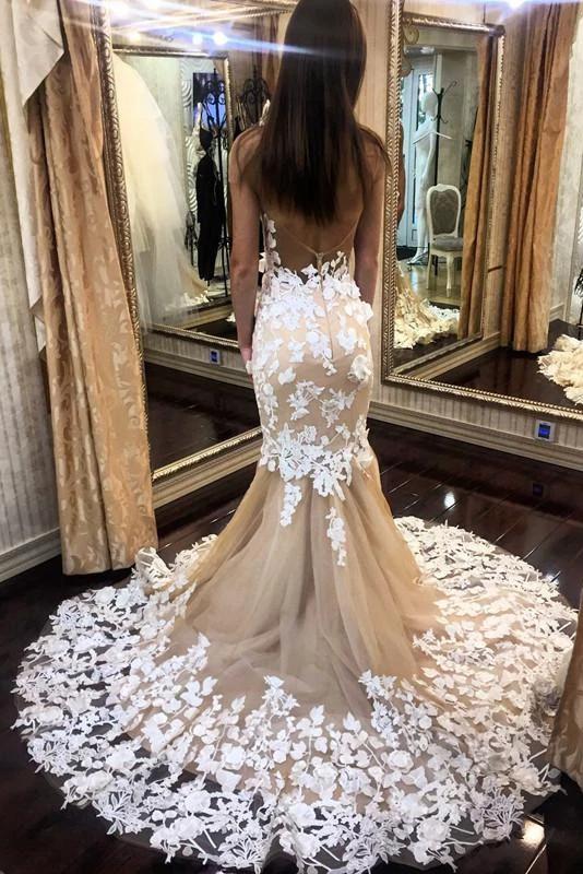 Sexy See Through Tulle Mermaid Wedding Dresses, Backless Brial Gown With Appliques PW14