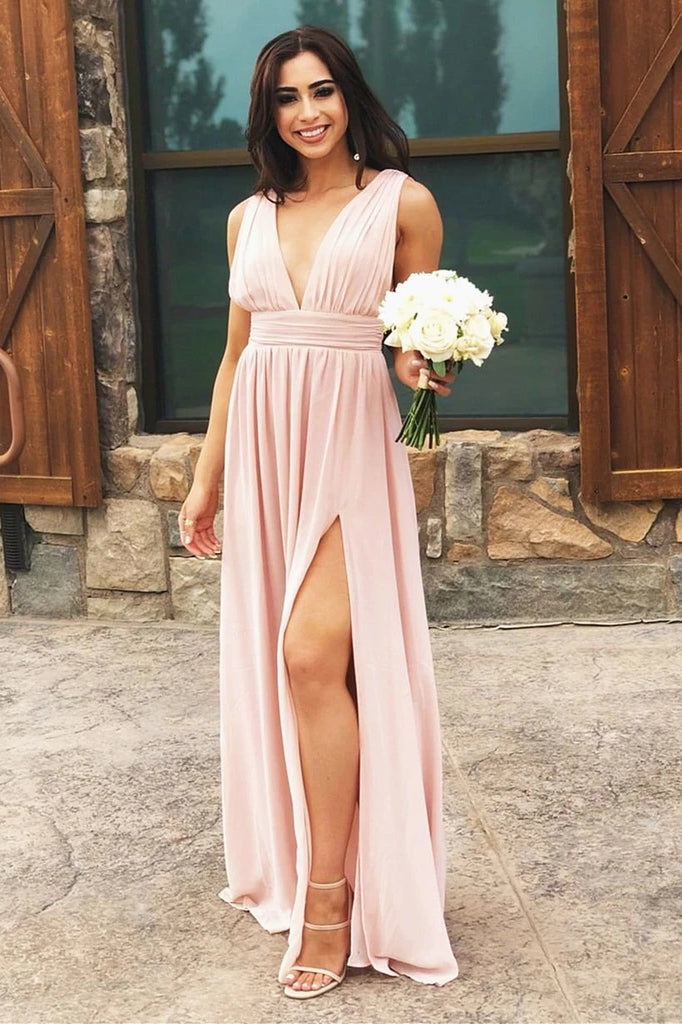 a line v neck long chiffon bridesmaid dress simple wedding guest dress