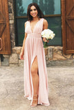 A-line V-neck Long Chiffon Bridesmaid Dress, Simple Wedding Guest Dress PB197