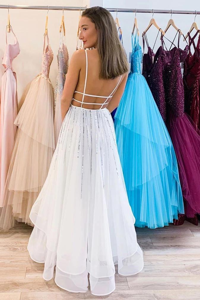 A-line V Neck Tulle Sequins Long Prom Dress, Backless Evening Dress MP151
