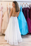 A-line V Neck Tulle Sequins Long Prom Dress, Backless Evening Dress MP151