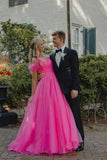 off the shoulder hot pink tulle long prom dress princess graduation gown
