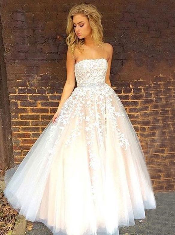 Strapless Appliques Long Prom Wedding Dress with Beading Waist PW148