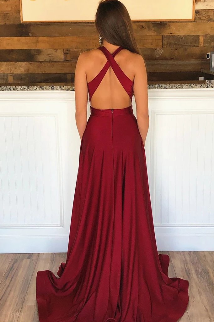 Burgundy v neck long prom dresses, backless formal evening dresses mg15