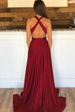 Burgundy v neck long prom dresses, backless formal evening dresses mg15