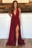 Burgundy V Neck Long Prom Dresses, Backless Formal Evening Dresses MG15